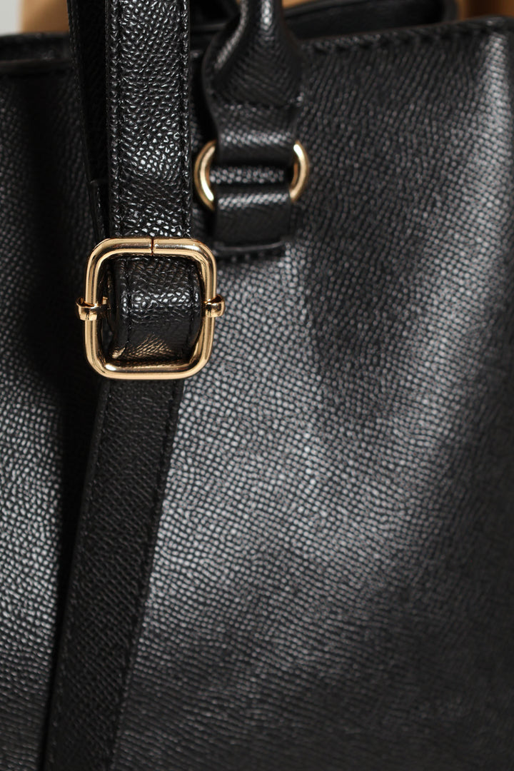 Gold Trim Multi Compartment Tote Bag - Black