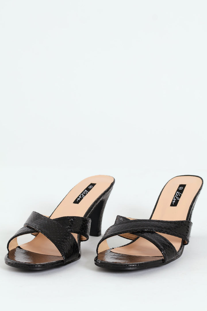 Cross Strap Textured Mule Heel - Black