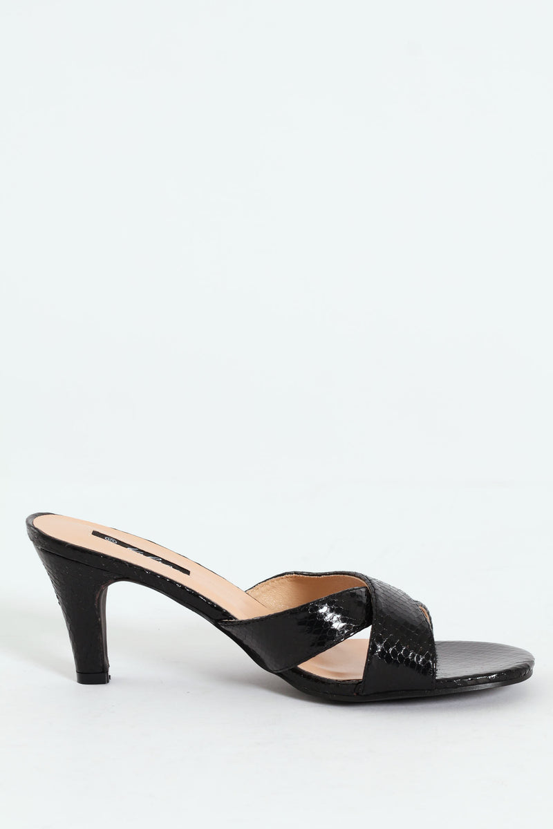 Cross Strap Textured Mule Heel - Black
