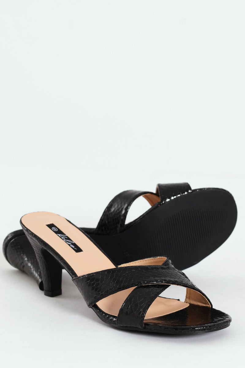 Cross Strap Textured Mule Heel - Black