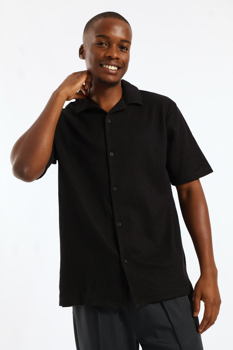 Seersucker Button Through Shirt - Black