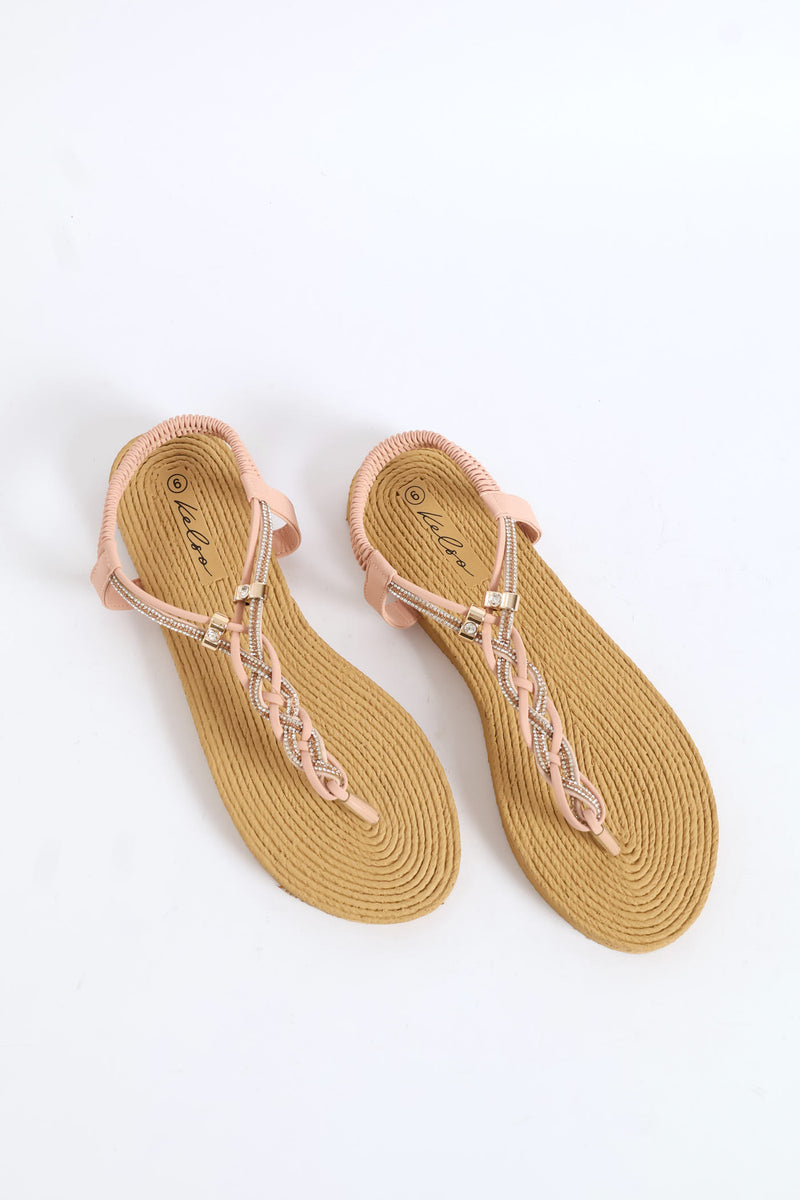 Diamante Plaited Slingback Thong Sandals - Blush