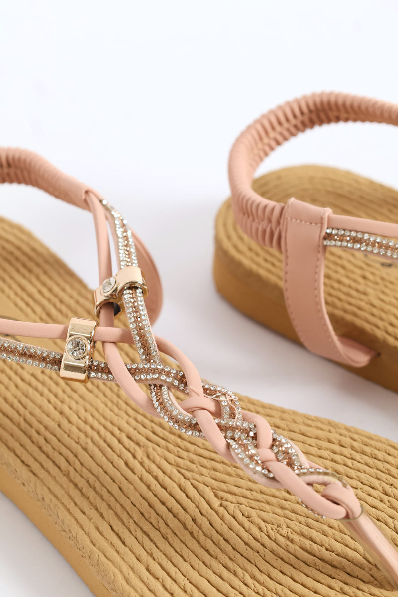 Diamante Plaited Slingback Thong Sandals - Blush