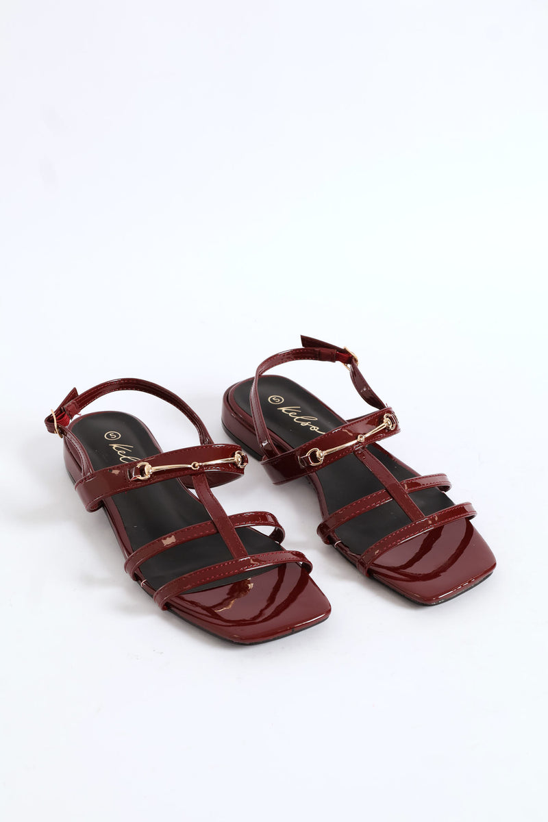 Multi Thin Strap Metal Bar T-Bar Sandal - Burgundy