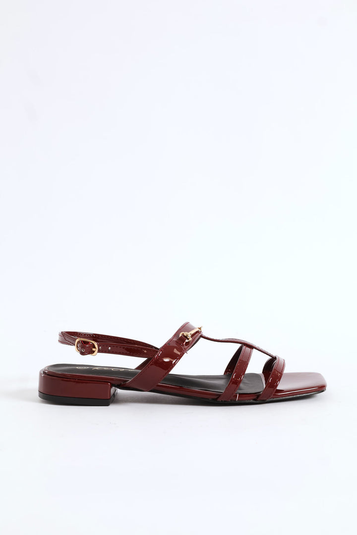 Multi Thin Strap Metal Bar T-Bar Sandal - Burgundy