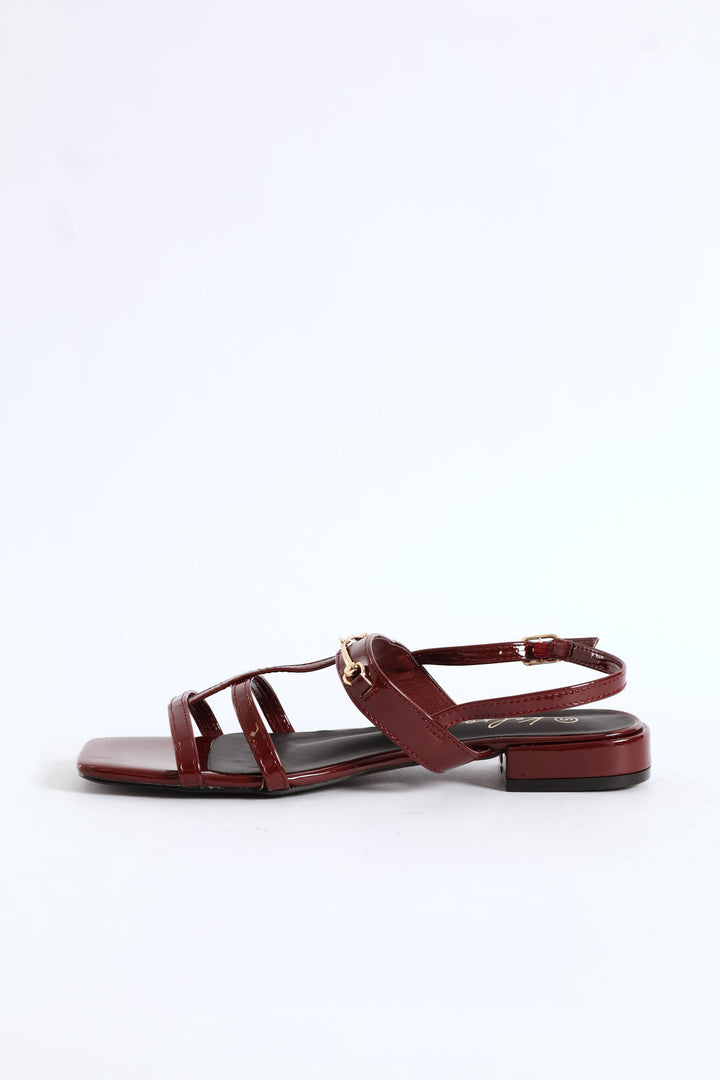 Multi Thin Strap Metal Bar T-Bar Sandal - Burgundy