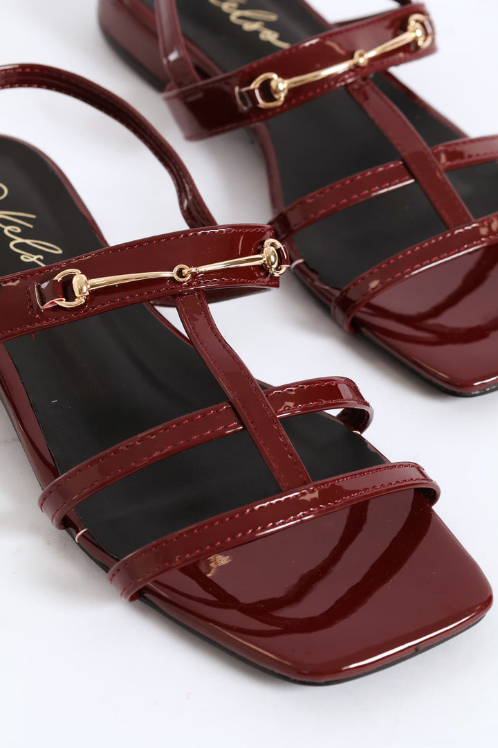 Multi Thin Strap Metal Bar T-Bar Sandal - Burgundy