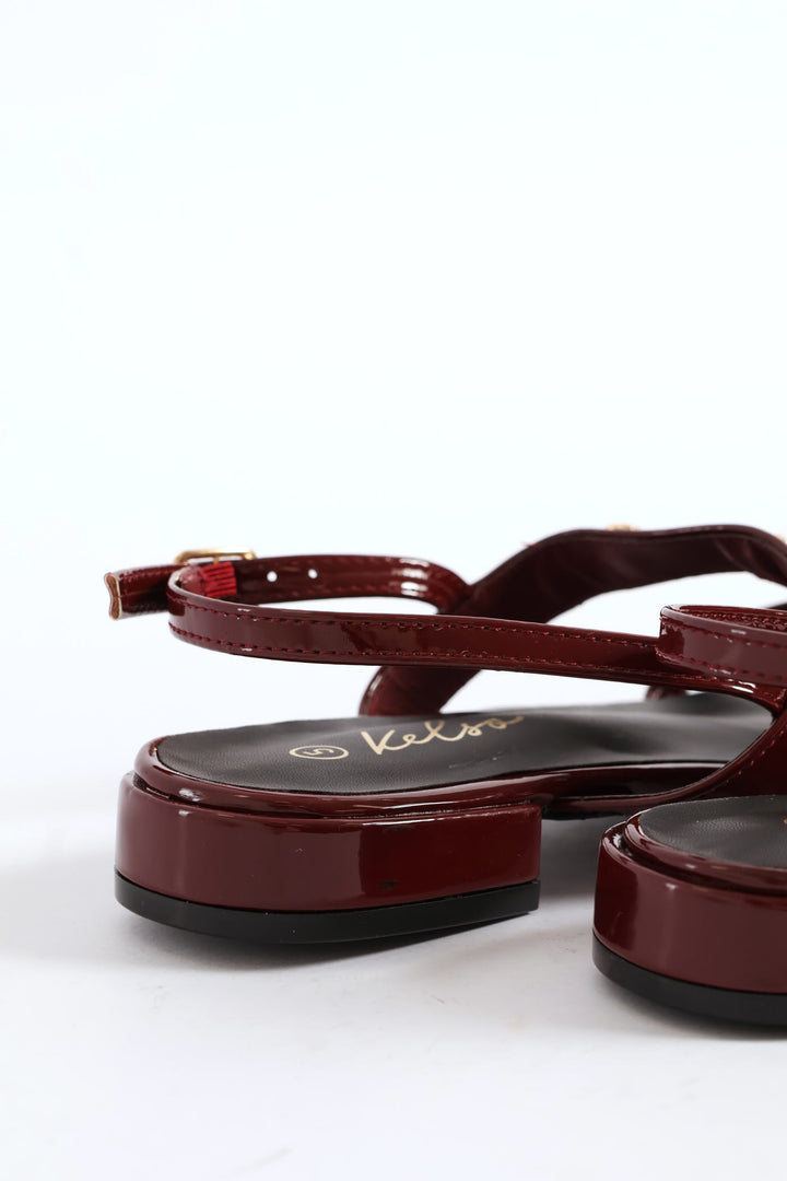 Multi Thin Strap Metal Bar T-Bar Sandal - Burgundy