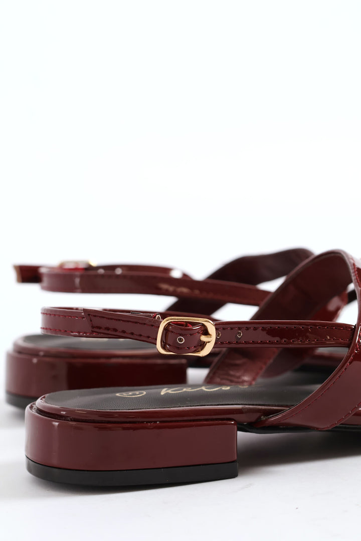 Multi Thin Strap Metal Bar T-Bar Sandal - Burgundy