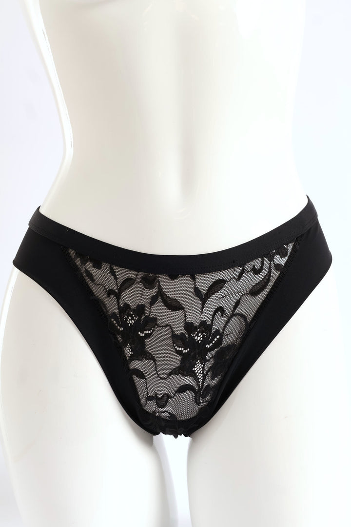 Microfibre & Lace Brazilian Panties - Black