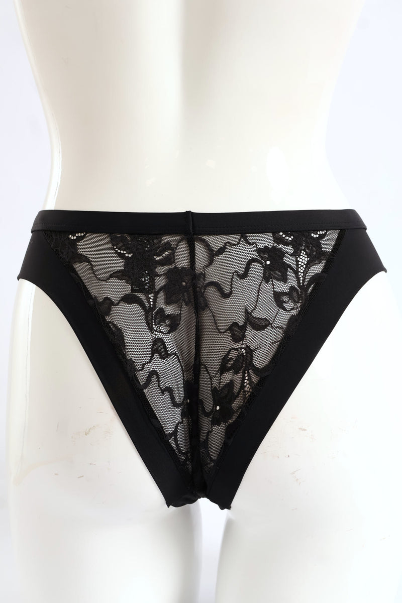 Microfibre & Lace Brazilian Panties - Black
