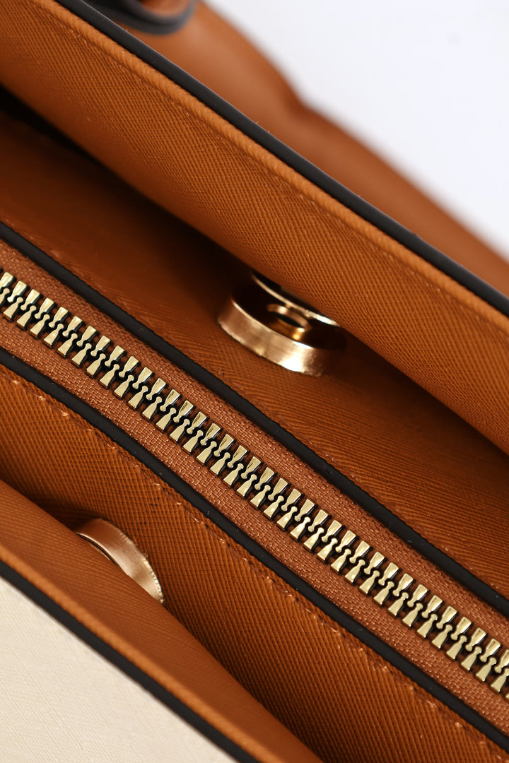 Colour Block Charm Tote Bag - Cream