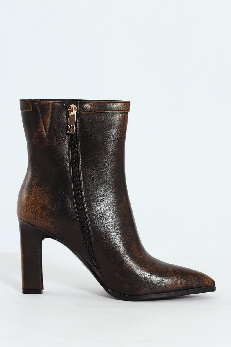 Distressed Pointed Toe Ankle Heeled Boot - Brown