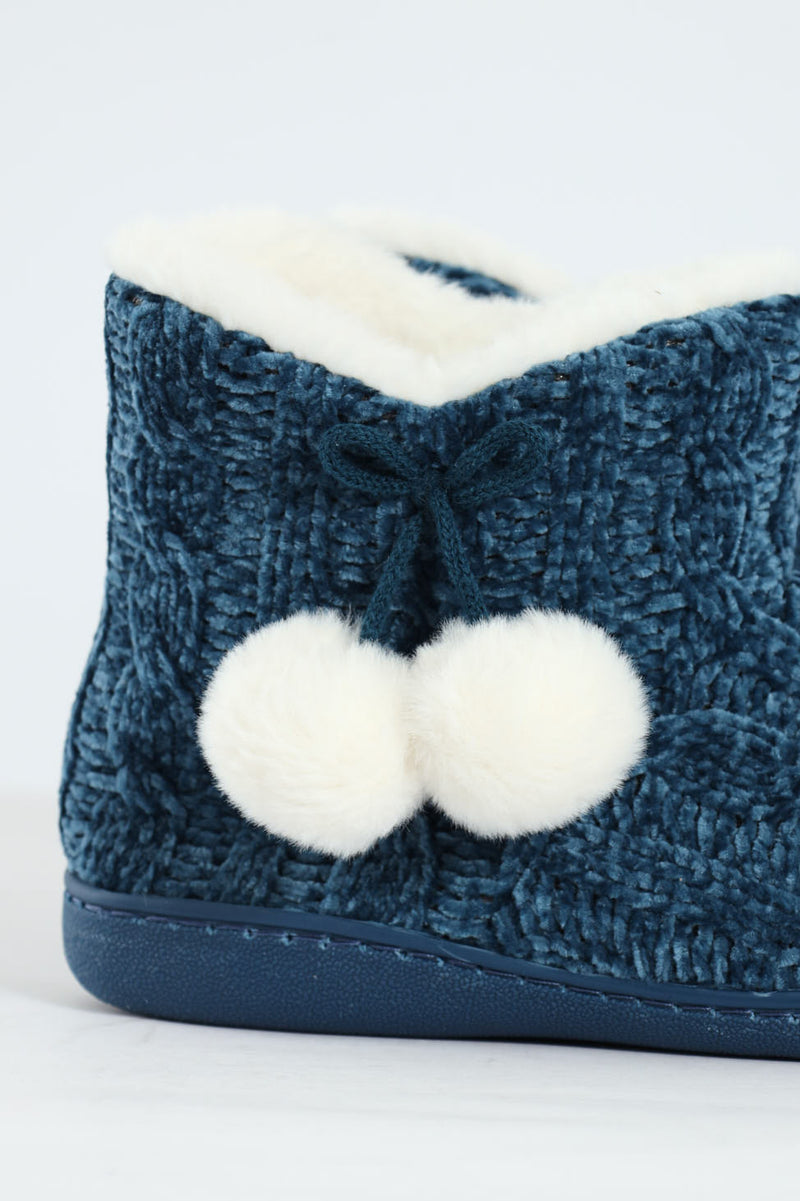 Cable Knit Slipper Bootie With Pompoms - Teal