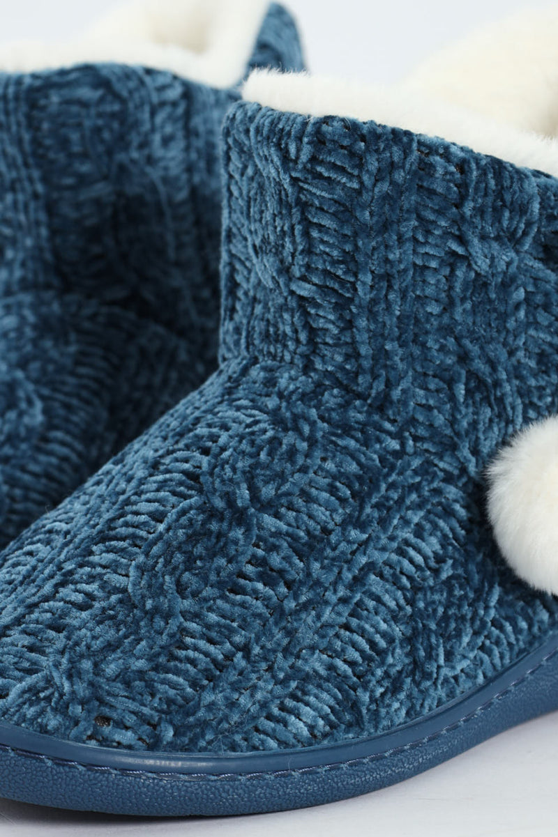 Cable Knit Slipper Bootie With Pompoms - Teal