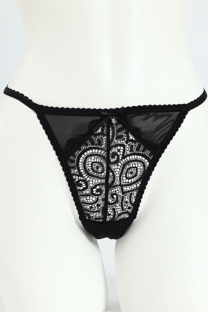 Lace & Mesh Tanga Panty - Black