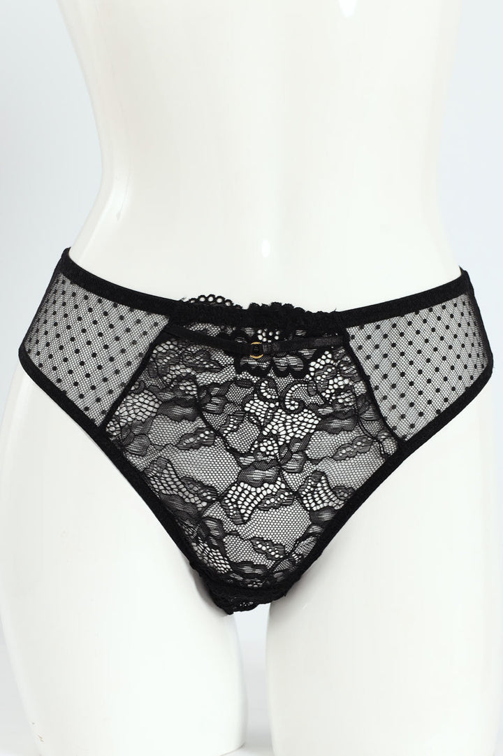 Dobby Mesh & Lace Bikini Panty - Black