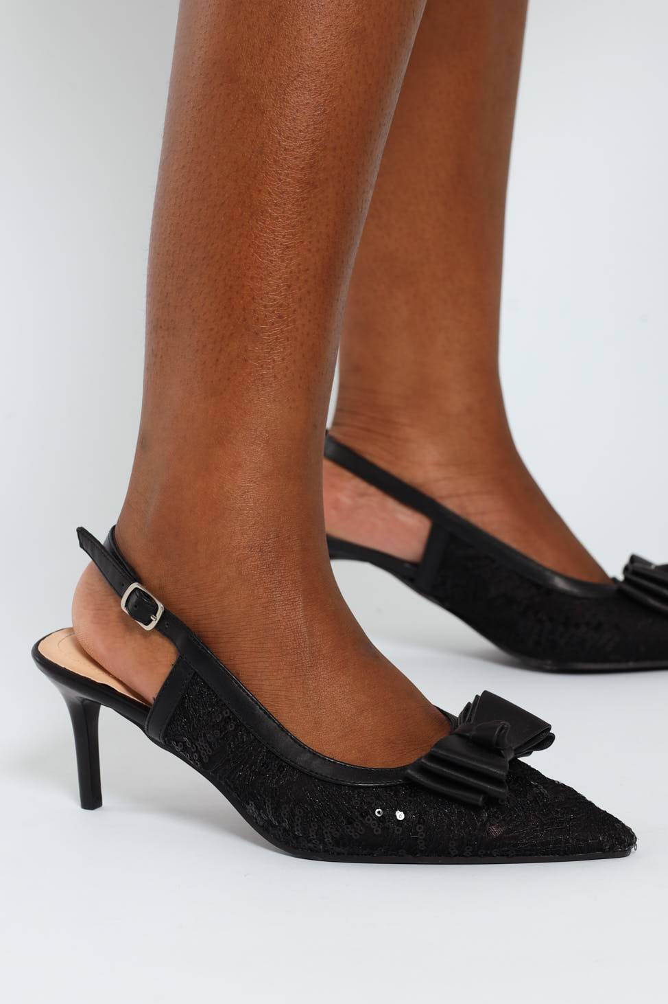 Mesh Detail Heel With Bow - Black