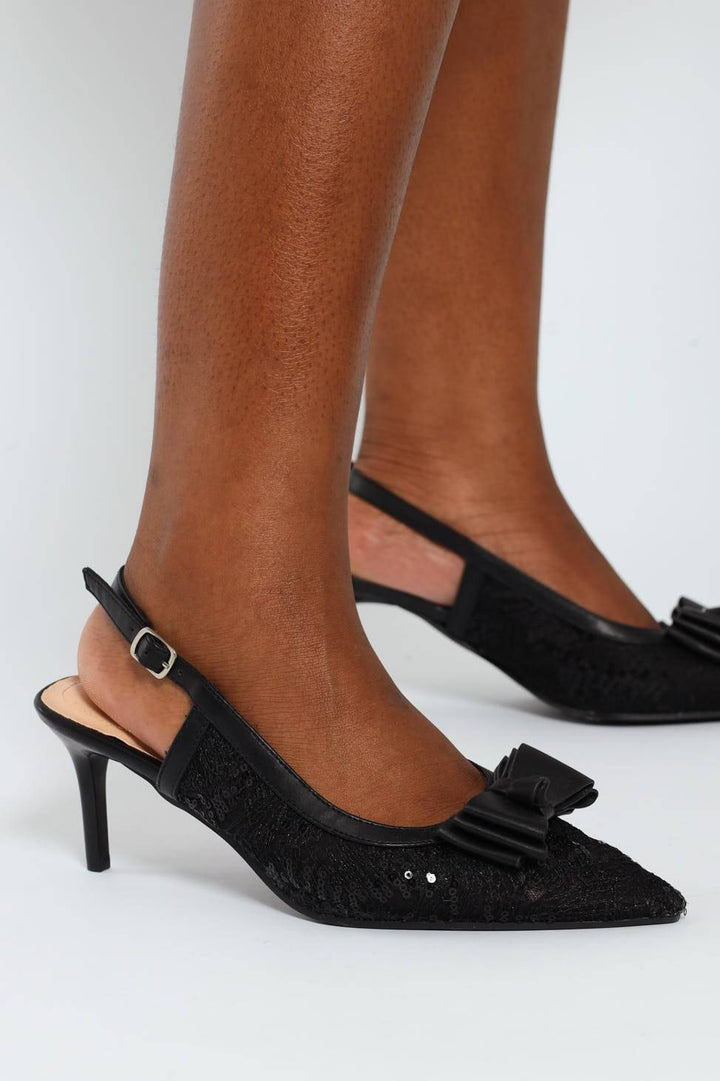 Mesh Detail Heel With Bow - Black