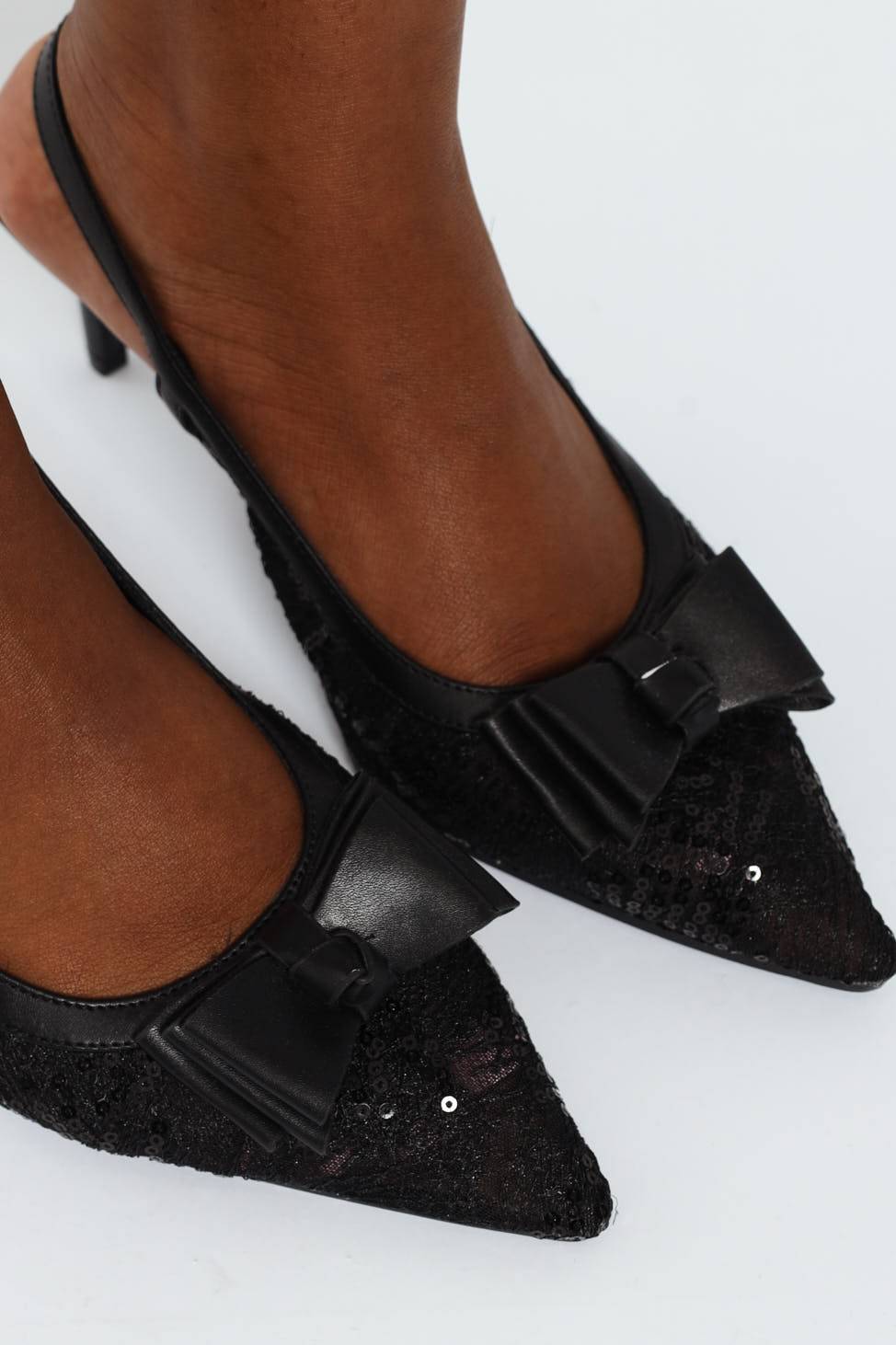 Mesh Detail Heel With Bow - Black