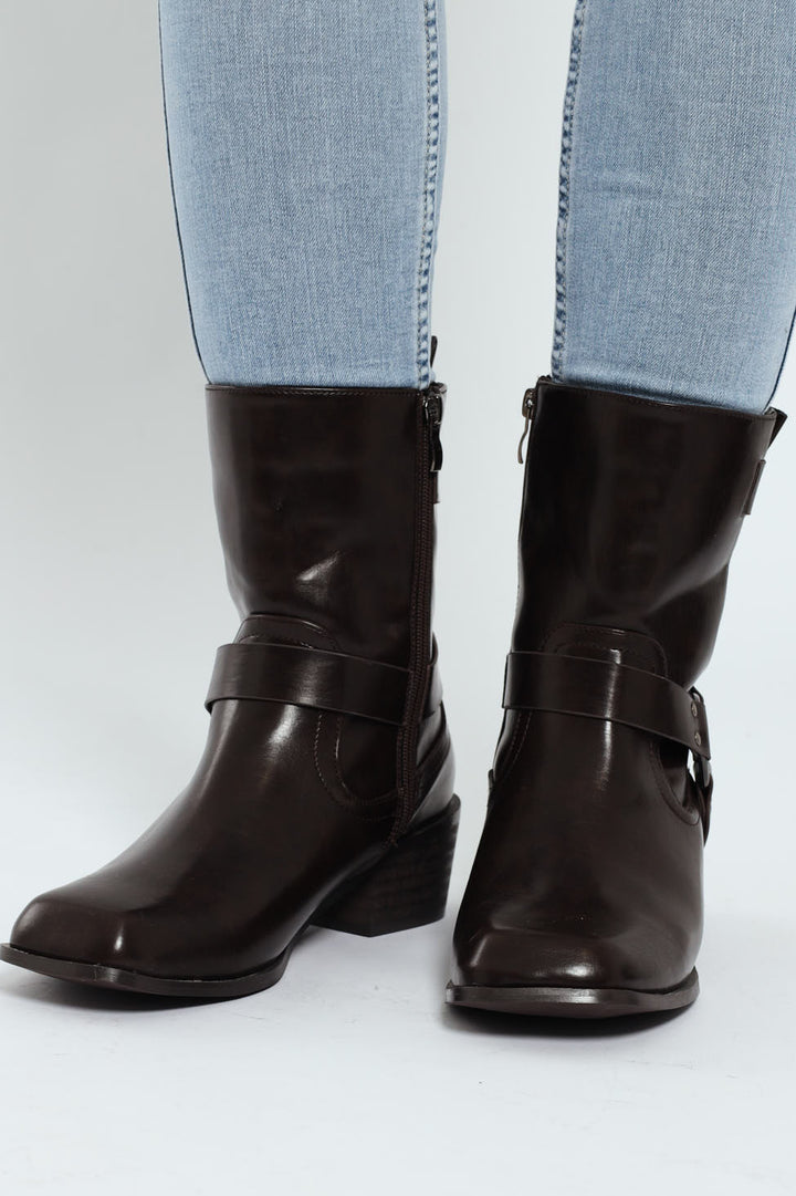 Belted Chunky Military Boot - Chocolate