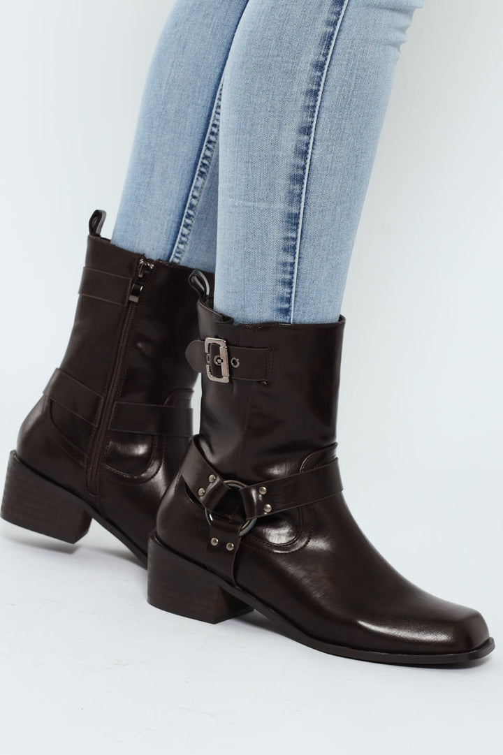 Belted Chunky Military Boot - Chocolate