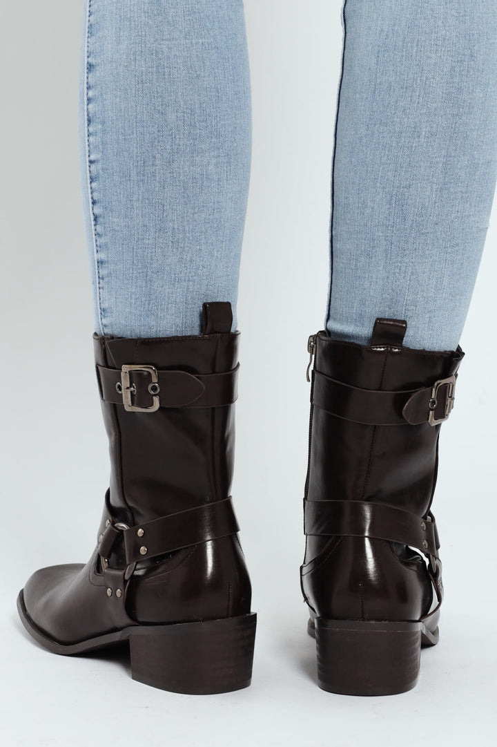 Belted Chunky Military Boot - Chocolate