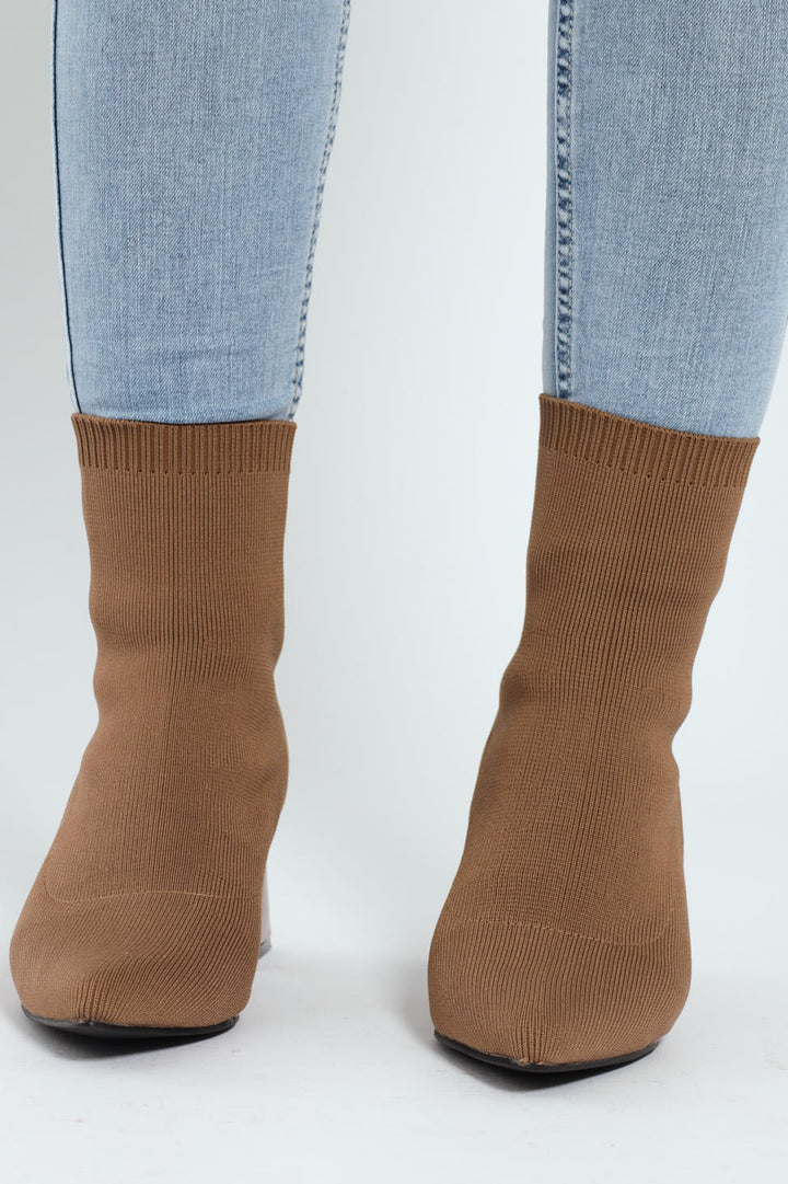 Pointed Block Heel Ankle Sock Boot - Taupe