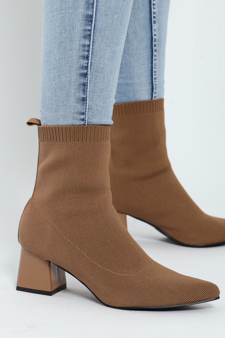 Pointed Block Heel Ankle Sock Boot - Taupe