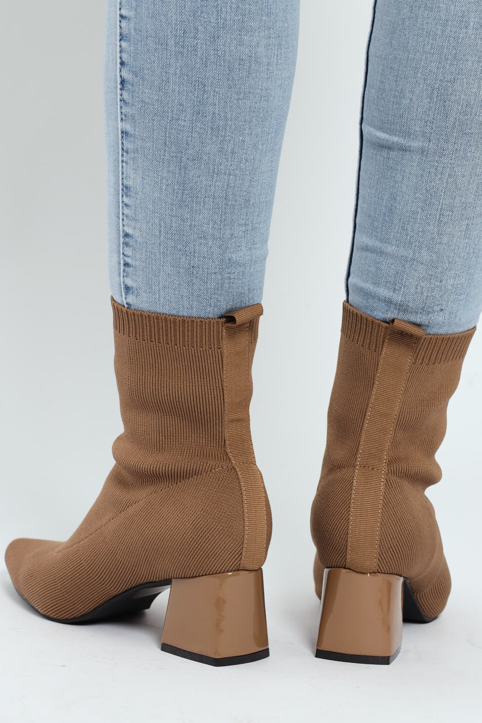 Pointed Block Heel Ankle Sock Boot - Taupe