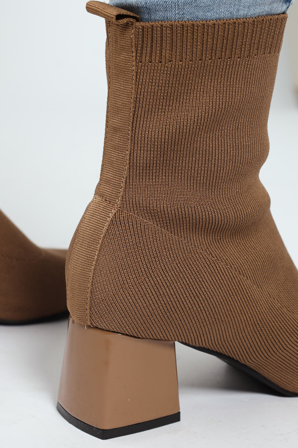 Pointed Block Heel Ankle Sock Boot - Taupe