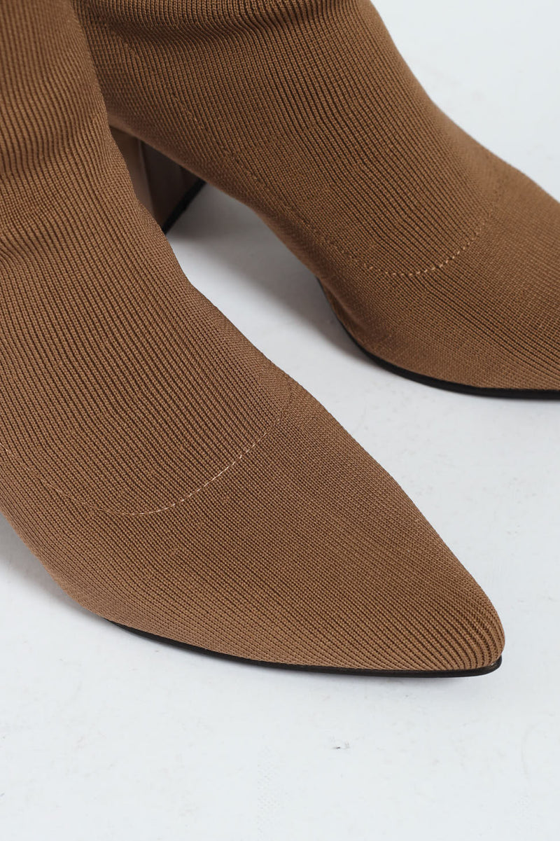 Pointed Block Heel Ankle Sock Boot - Taupe