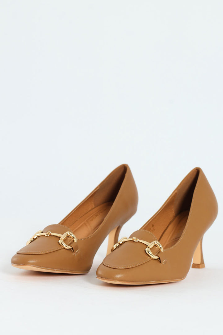 Juliet Almond Toe Juliet Horsebit Kitten Court Heel - Camel