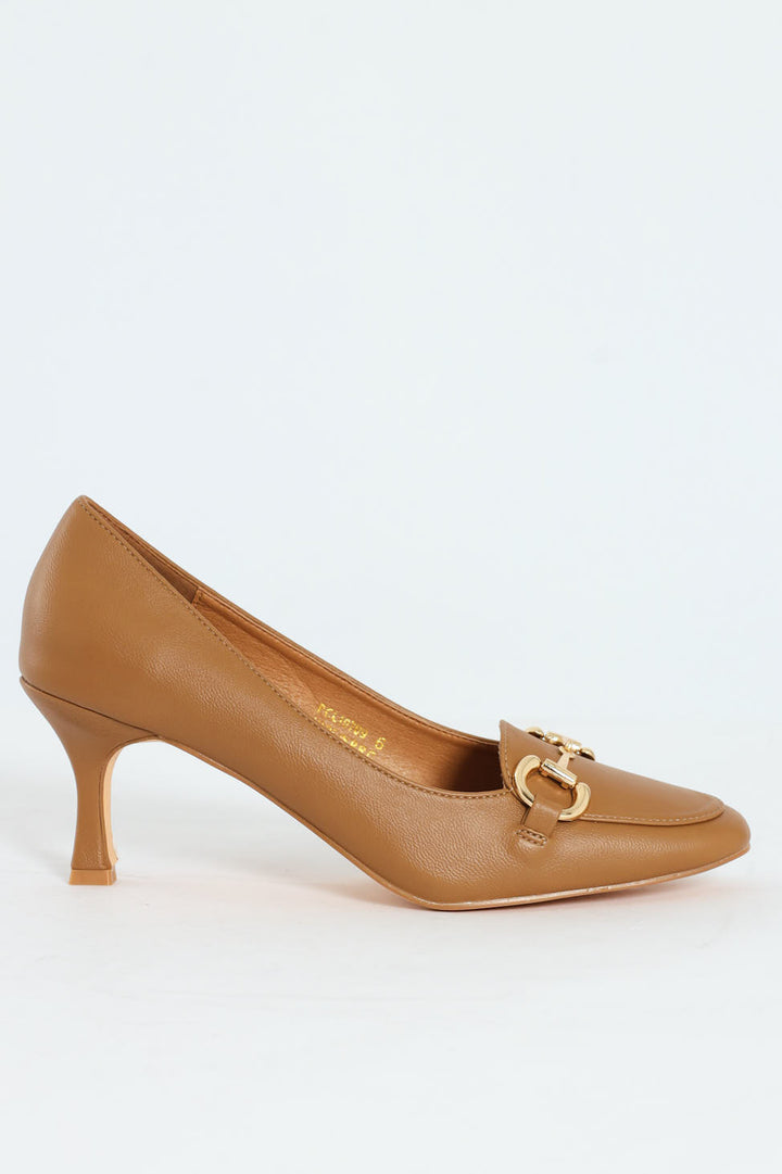 Juliet Almond Toe Juliet Horsebit Kitten Court Heel - Camel