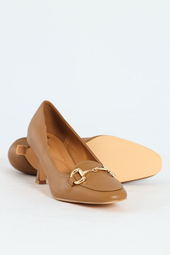 Juliet Almond Toe Juliet Horsebit Kitten Court Heel - Camel