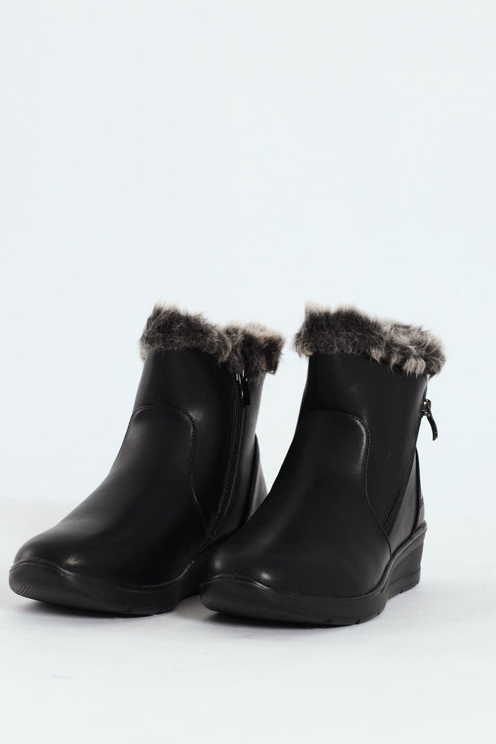 Fur Cuff Side Zip Mid Wedge Ankle Boot - Black