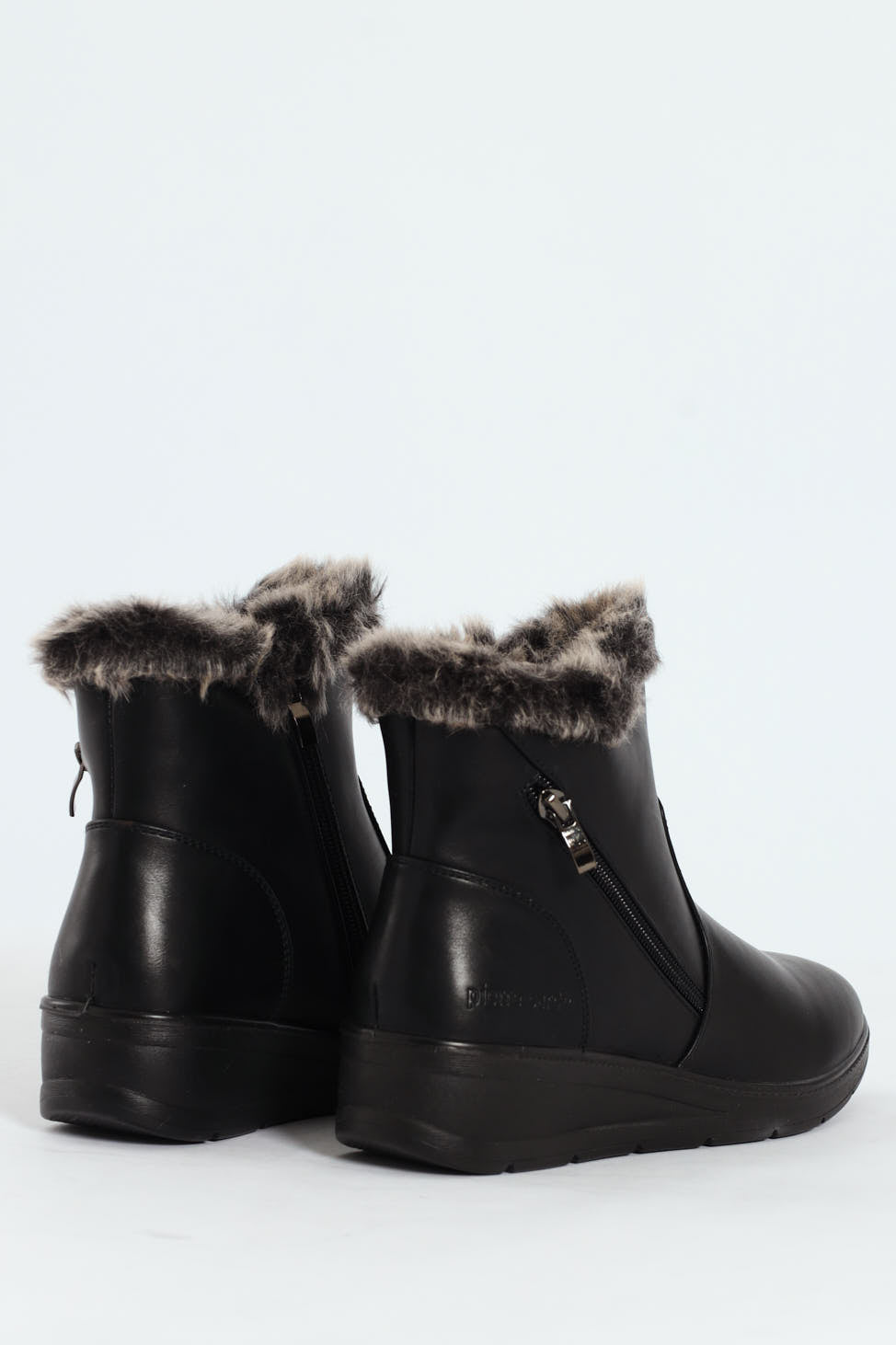Fur Cuff Side Zip Mid Wedge Ankle Boot - Black