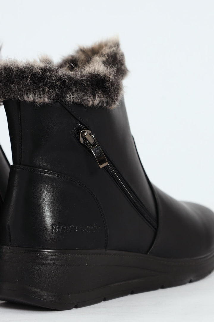 Fur Cuff Side Zip Mid Wedge Ankle Boot - Black