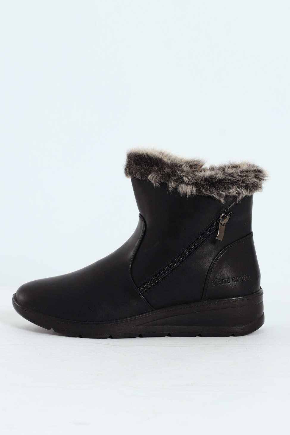 Fur Cuff Side Zip Mid Wedge Ankle Boot - Black