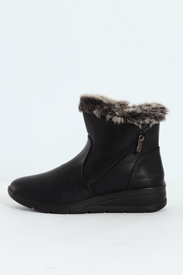 Fur Cuff Side Zip Mid Wedge Ankle Boot - Black