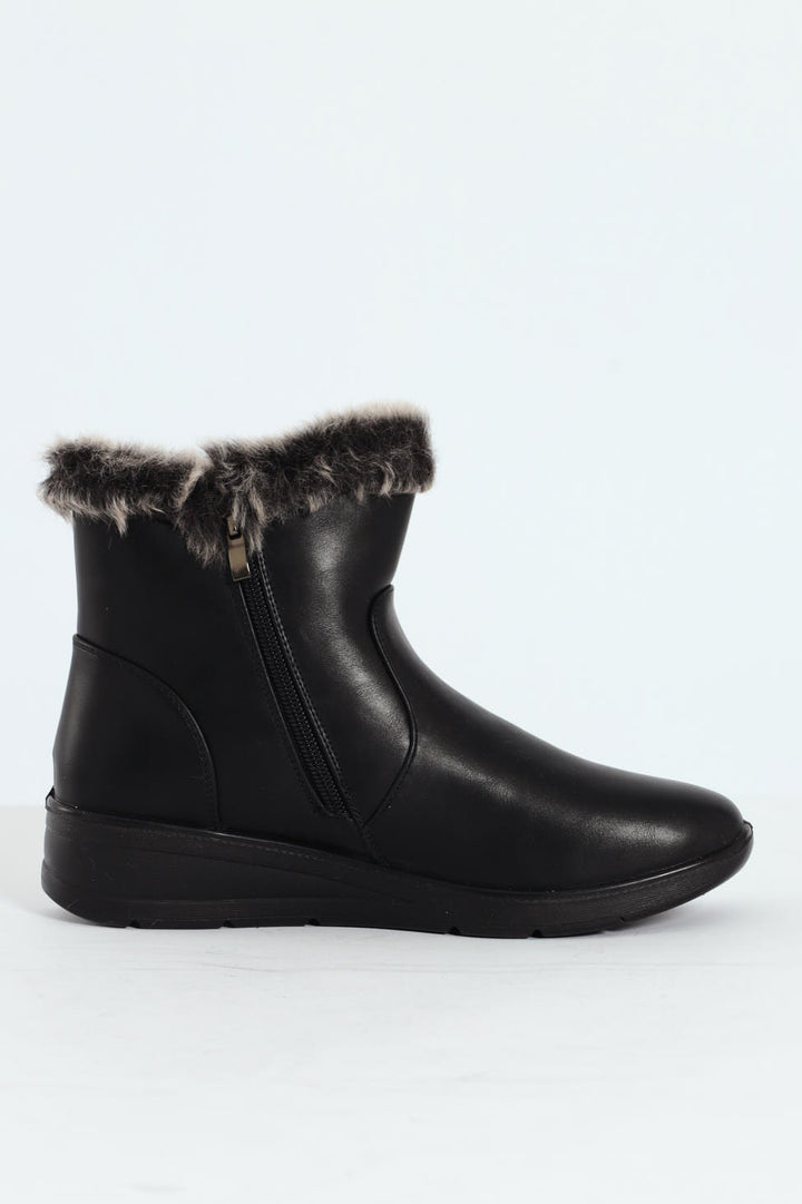Fur Cuff Side Zip Mid Wedge Ankle Boot - Black