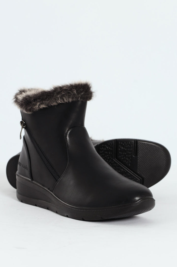 Fur Cuff Side Zip Mid Wedge Ankle Boot - Black