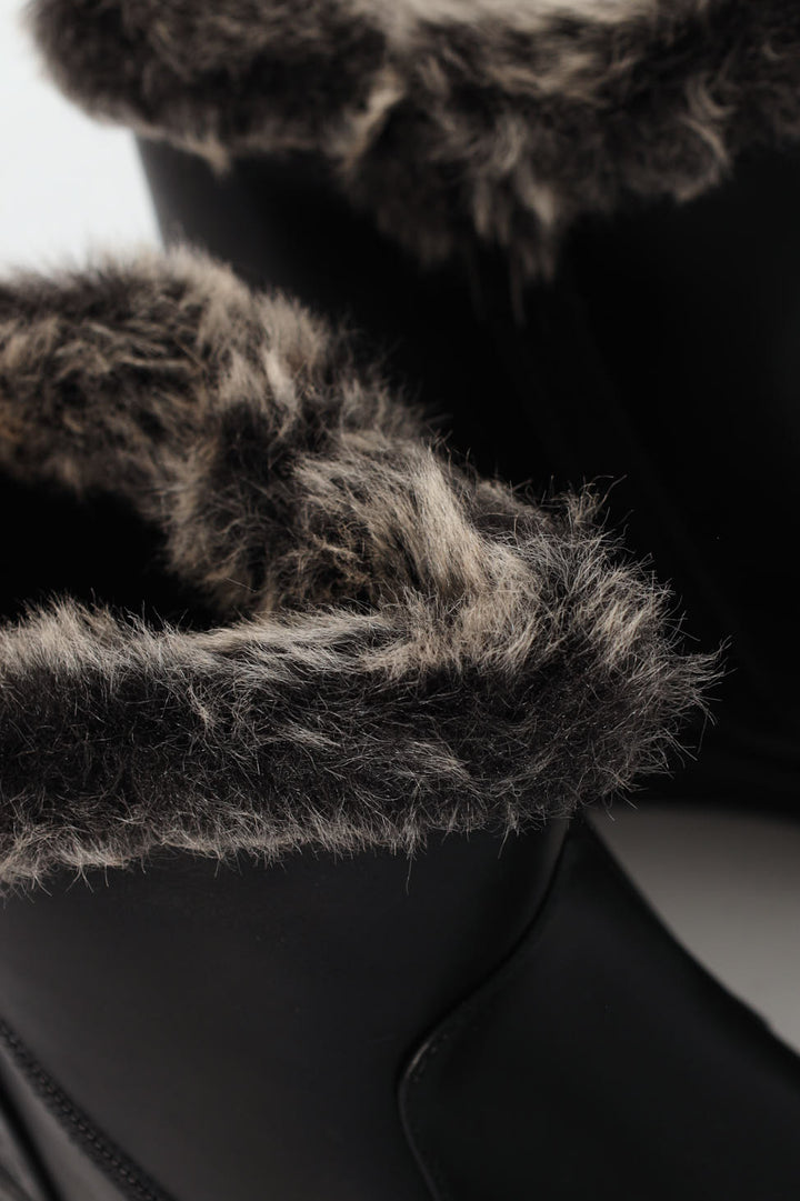 Fur Cuff Side Zip Mid Wedge Ankle Boot - Black