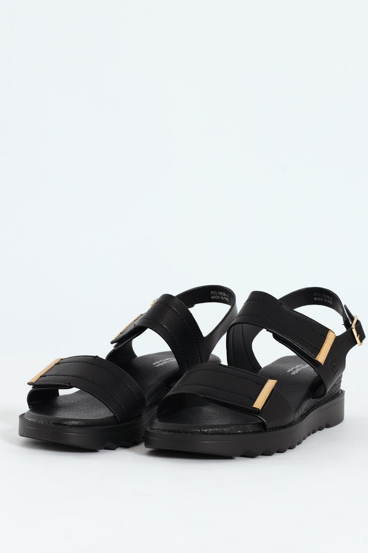 Pertel Double Strap Sport Sandal With Gold Trim - Black