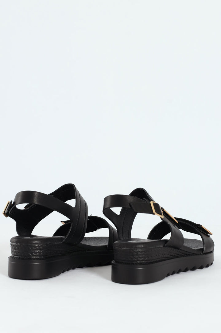 Pertel Double Strap Sport Sandal With Gold Trim - Black