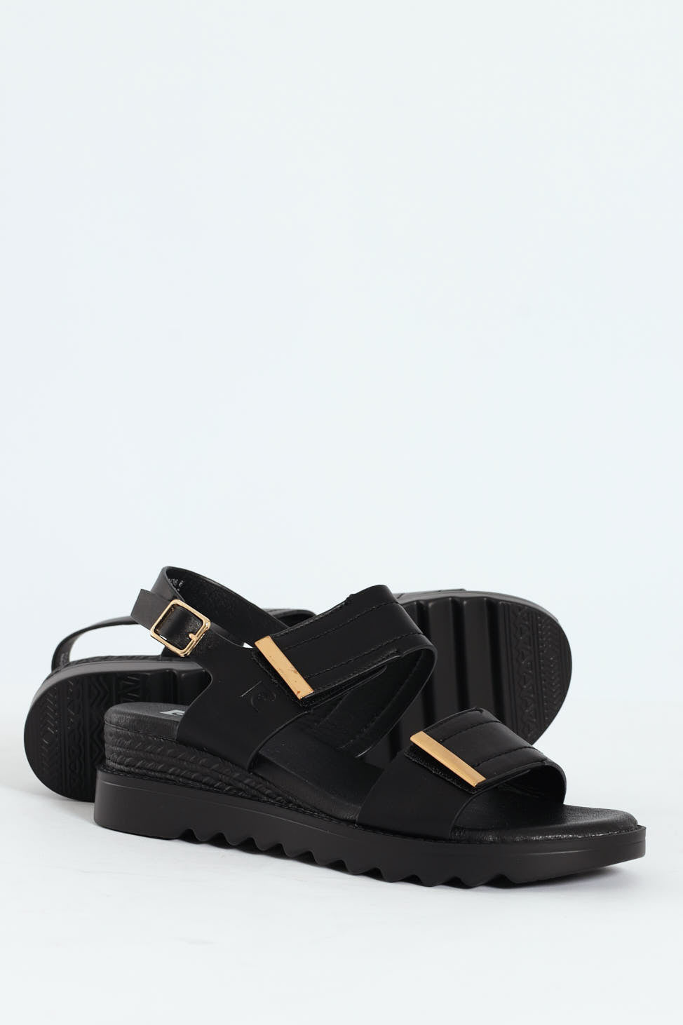 Pertel Double Strap Sport Sandal With Gold Trim - Black