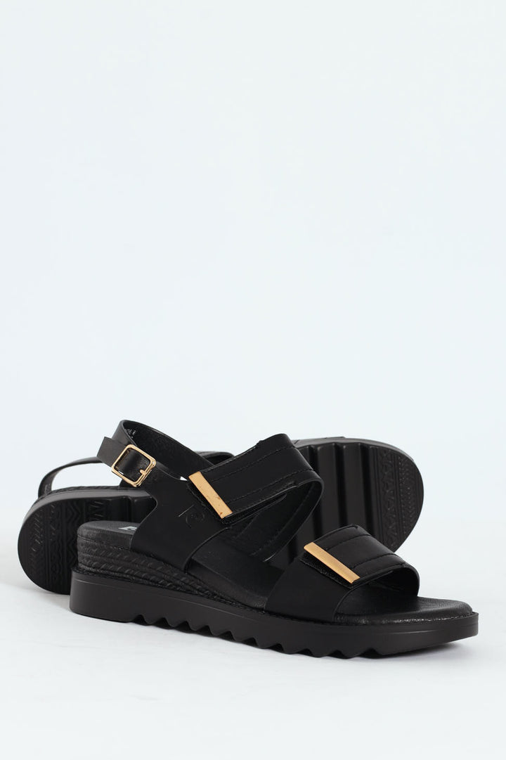 Pertel Double Strap Sport Sandal With Gold Trim - Black
