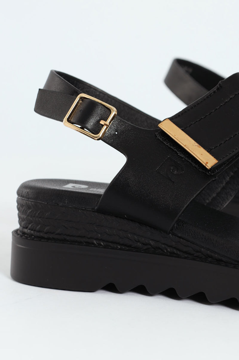 Pertel Double Strap Sport Sandal With Gold Trim - Black