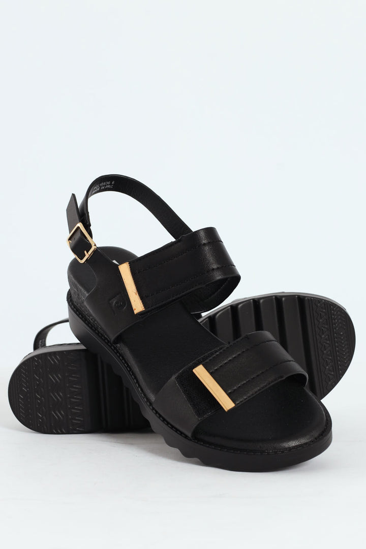 Pertel Double Strap Sport Sandal With Gold Trim - Black