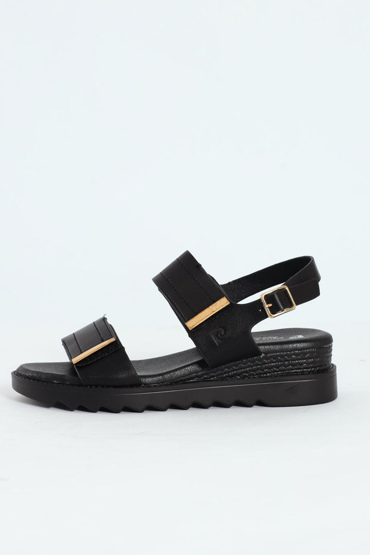 Pertel Double Strap Sport Sandal With Gold Trim - Black